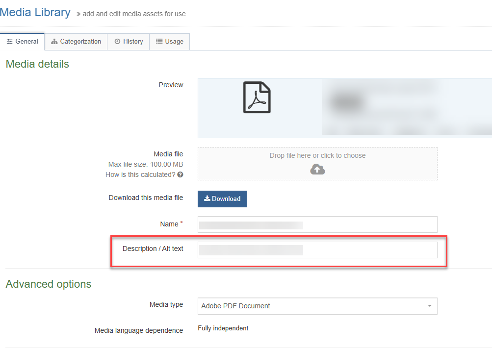A screenshot of the Terminalfour Media Library edit pane, with the Description/Alt Text field highlighted